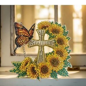 Hand Crafted Sunflower and Butterfly Faith Diamond Art Sun Catcher